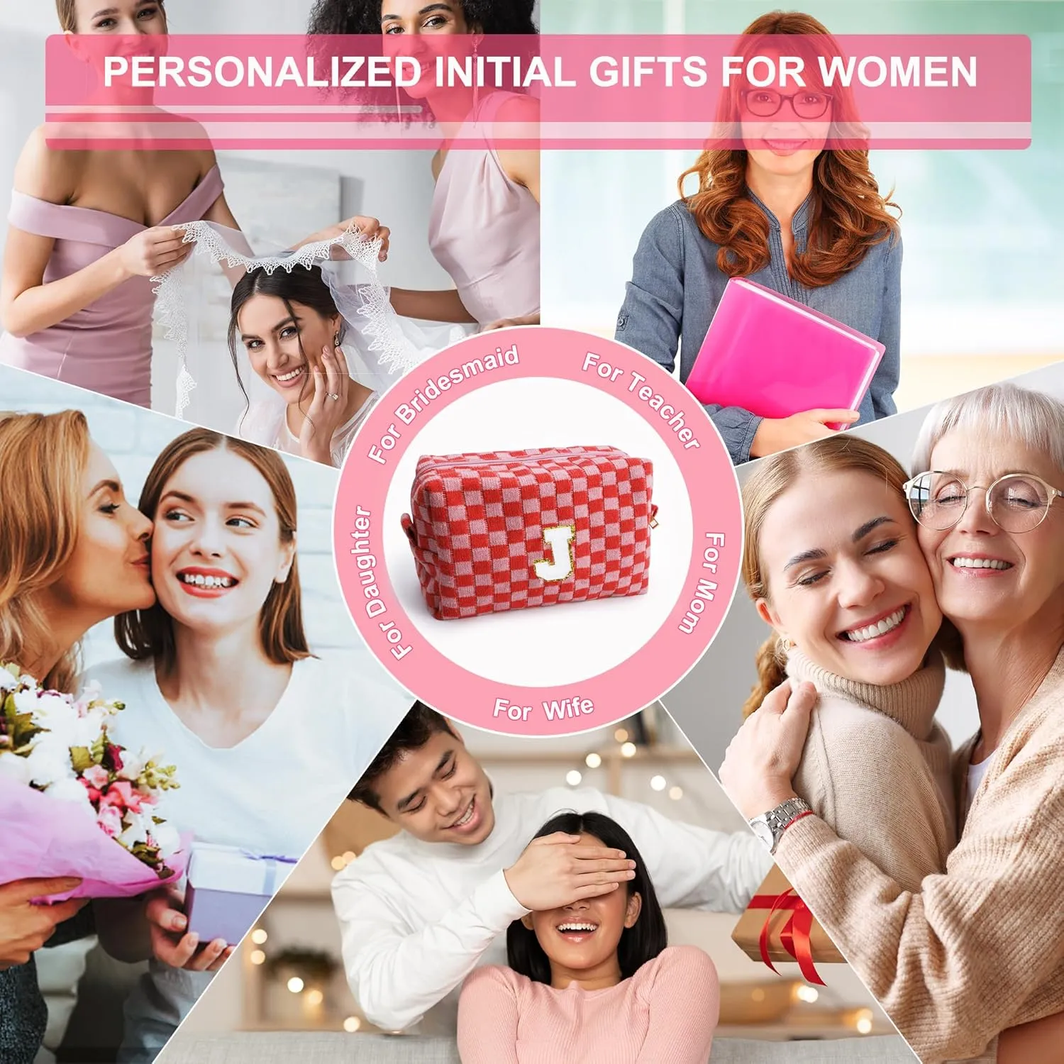 Initial Checkered Cosmetic Bag ，Personalized Gift for Women，Travel Toiletry Bag Organizer Cute Makeup Makeup Pouch Organizer Storage Bag (M, Pink)