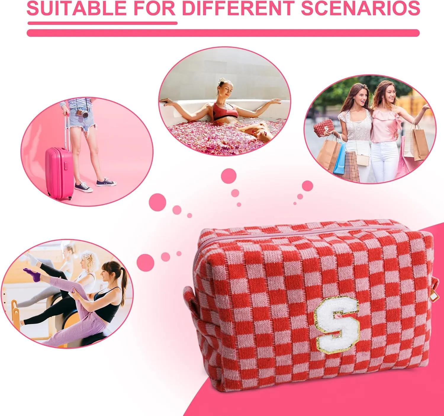 Initial Checkered Cosmetic Bag ，Personalized Gift for Women，Travel Toiletry Bag Organizer Cute Makeup Makeup Pouch Organizer Storage Bag (M, Pink)