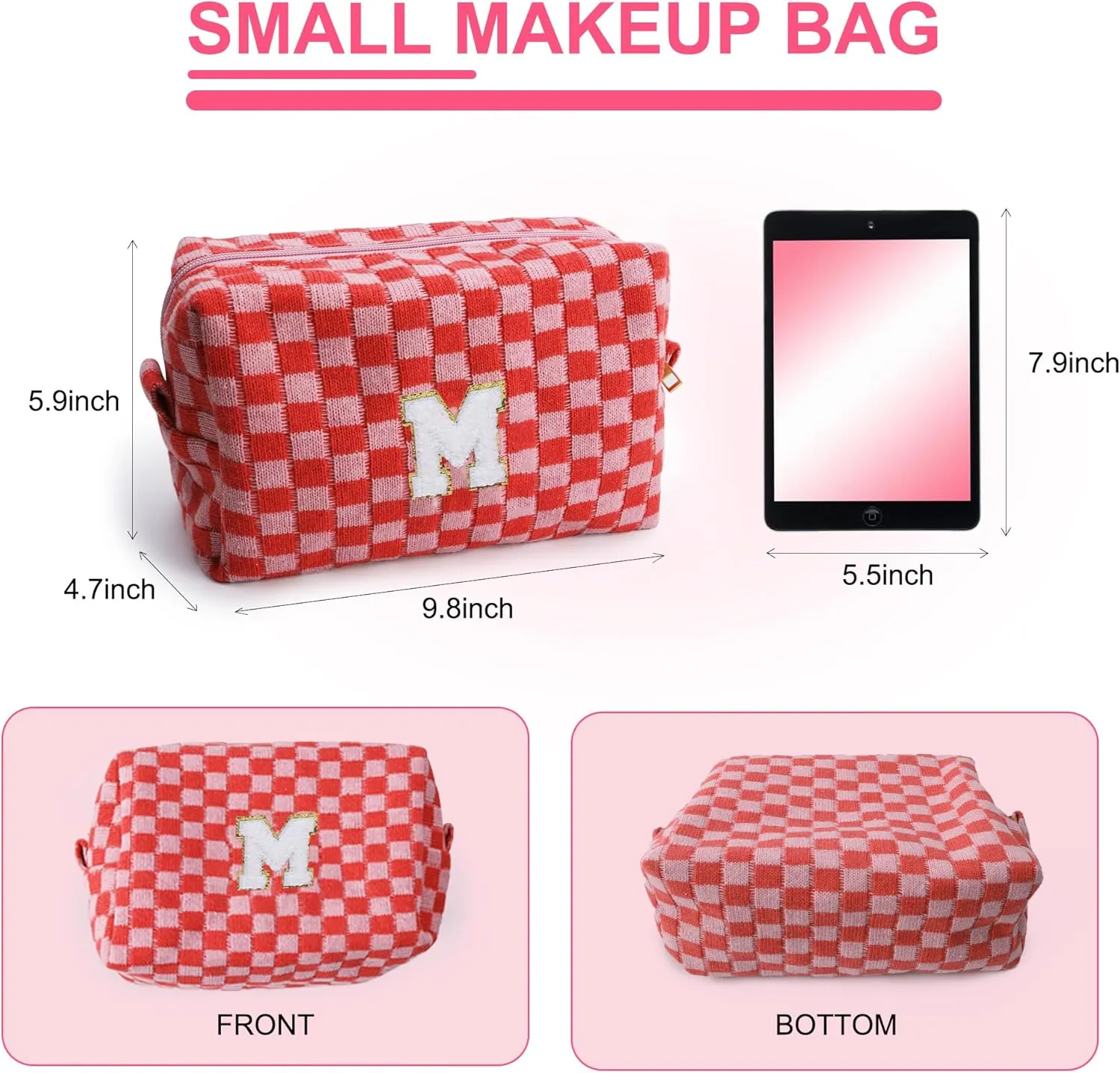 Initial Checkered Cosmetic Bag ，Personalized Gift for Women，Travel Toiletry Bag Organizer Cute Makeup Makeup Pouch Organizer Storage Bag (M, Pink)