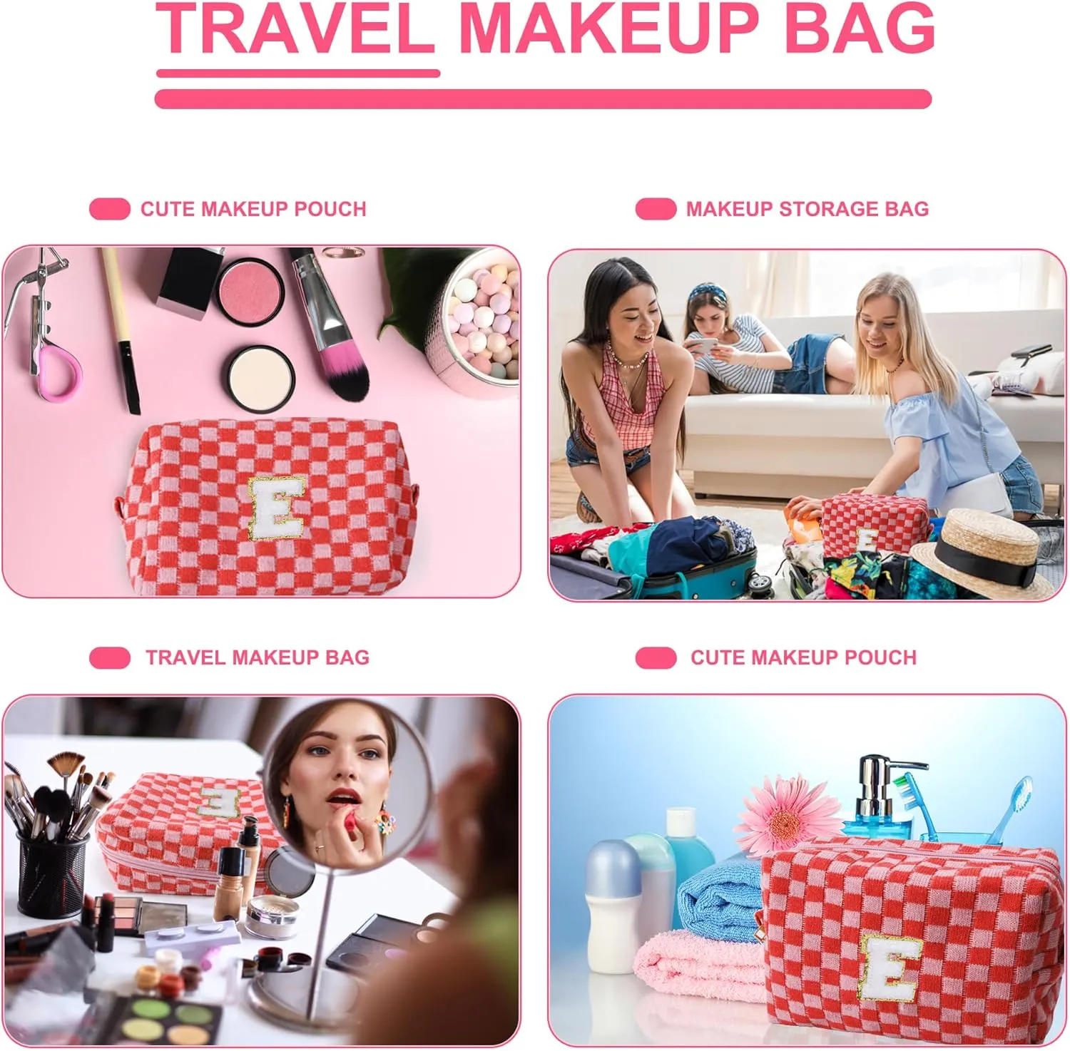 Initial Checkered Cosmetic Bag ，Personalized Gift for Women，Travel Toiletry Bag Organizer Cute Makeup Makeup Pouch Organizer Storage Bag (M, Pink)