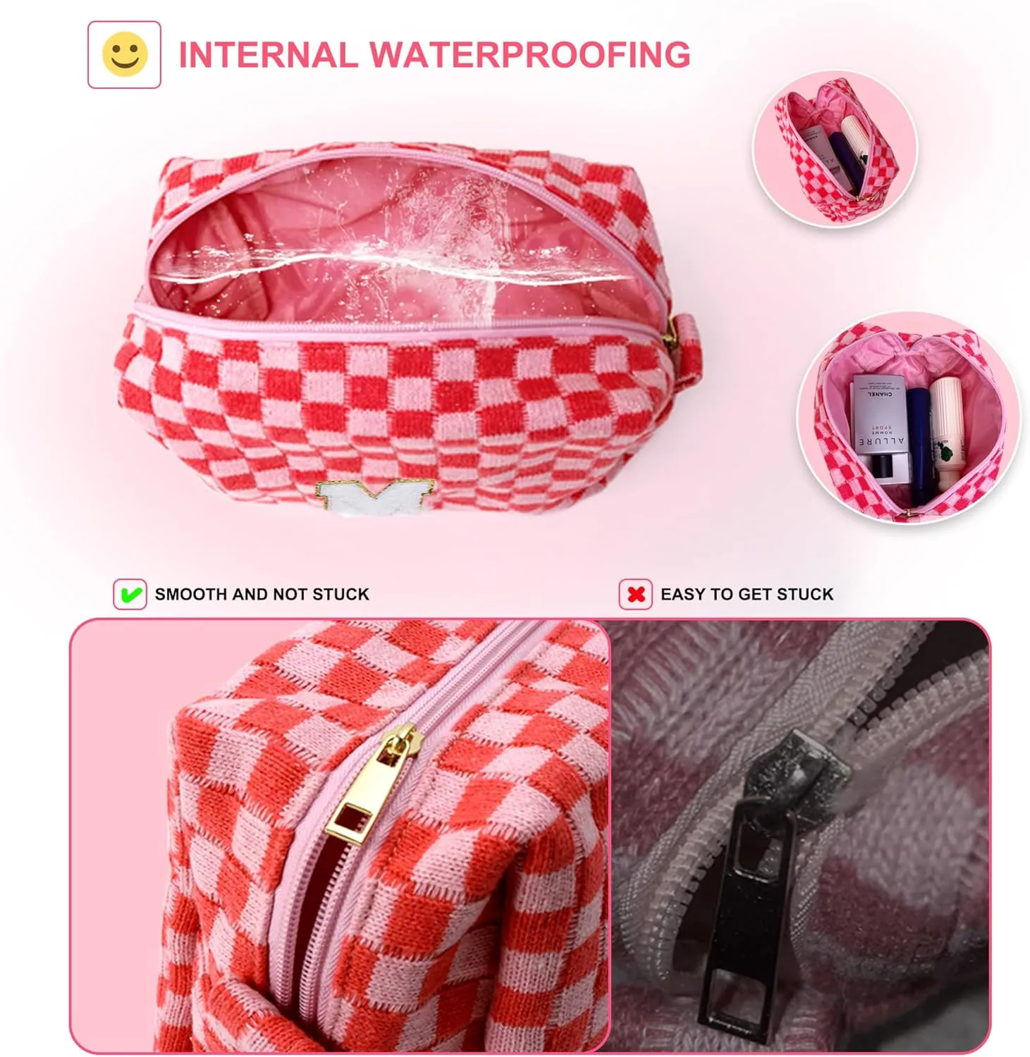 Initial Checkered Cosmetic Bag ，Personalized Gift for Women，Travel Toiletry Bag Organizer Cute Makeup Makeup Pouch Organizer Storage Bag (M, Pink)