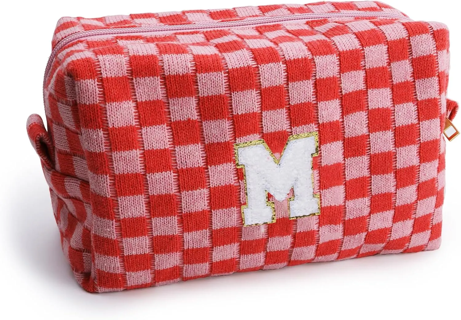 Initial Checkered Cosmetic Bag ，Personalized Gift for Women，Travel Toiletry Bag Organizer Cute Makeup Makeup Pouch Organizer Storage Bag (M, Pink)