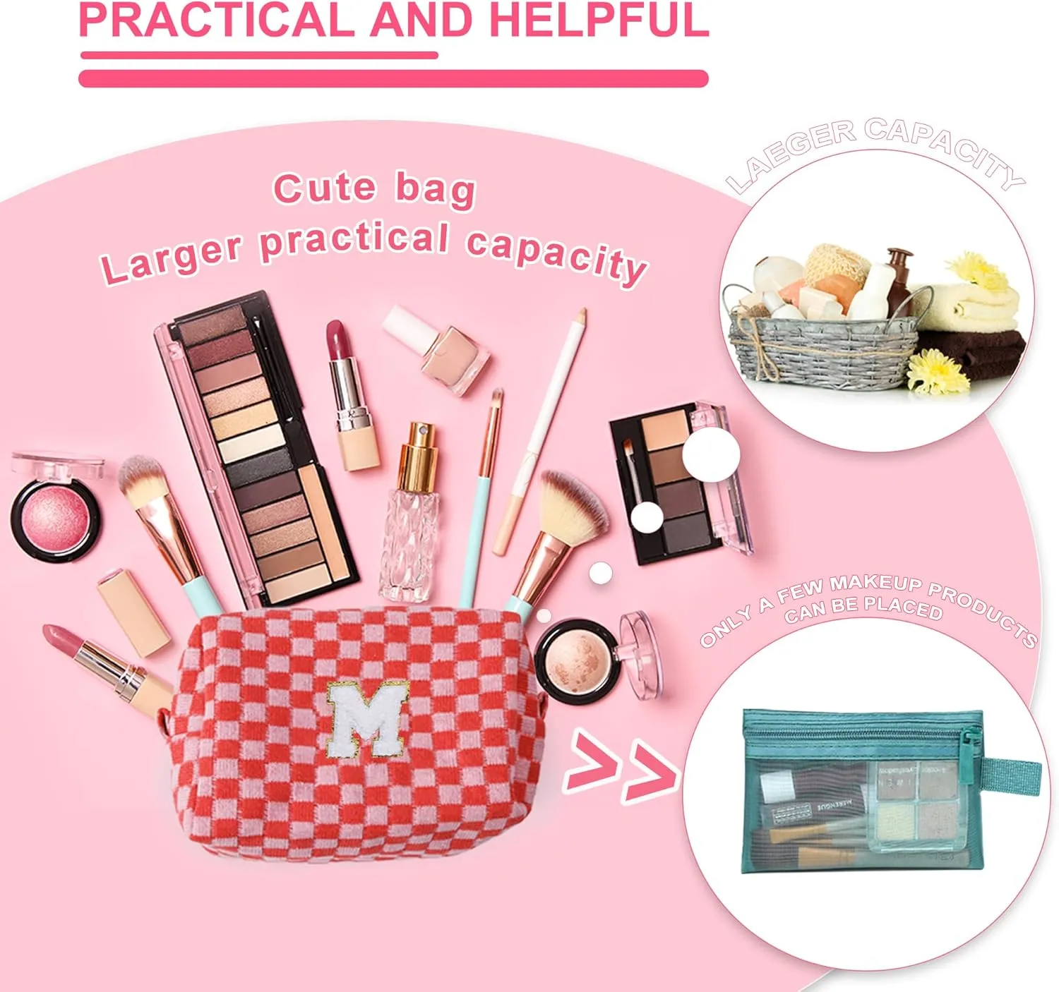 Initial Checkered Cosmetic Bag ，Personalized Gift for Women，Travel Toiletry Bag Organizer Cute Makeup Makeup Pouch Organizer Storage Bag (M, Pink)