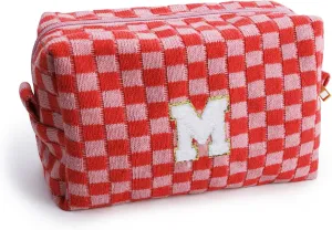 Initial Checkered Cosmetic Bag ，Personalized Gift for Women，Travel Toiletry Bag Organizer Cute Makeup Makeup Pouch Organizer Storage Bag (M, Pink)