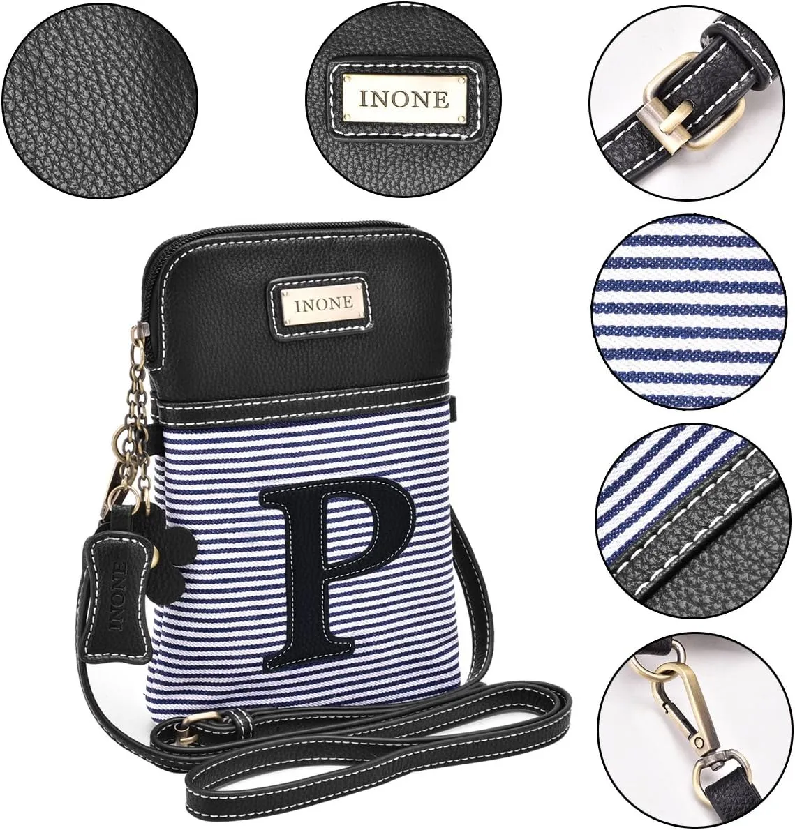 inOne Crossbody Bag Cell Phone Purse - Women PU Leather Handbag with Black White Stripe Canvas - Monogram