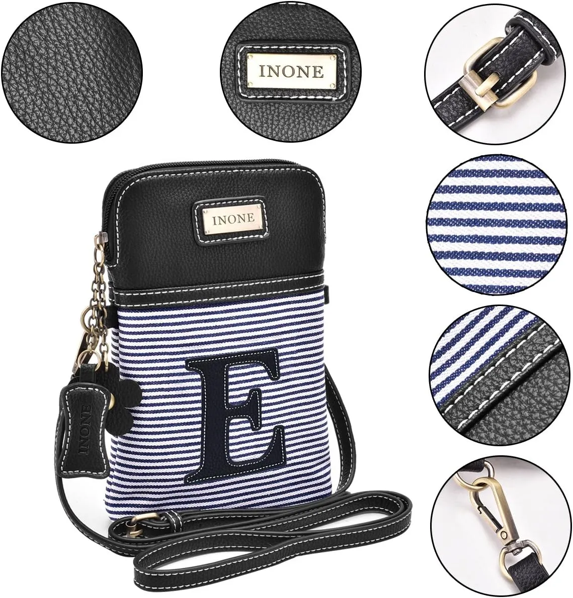 inOne Crossbody Bag Cell Phone Purse - Women PU Leather Handbag with Black White Stripe Canvas - Monogram