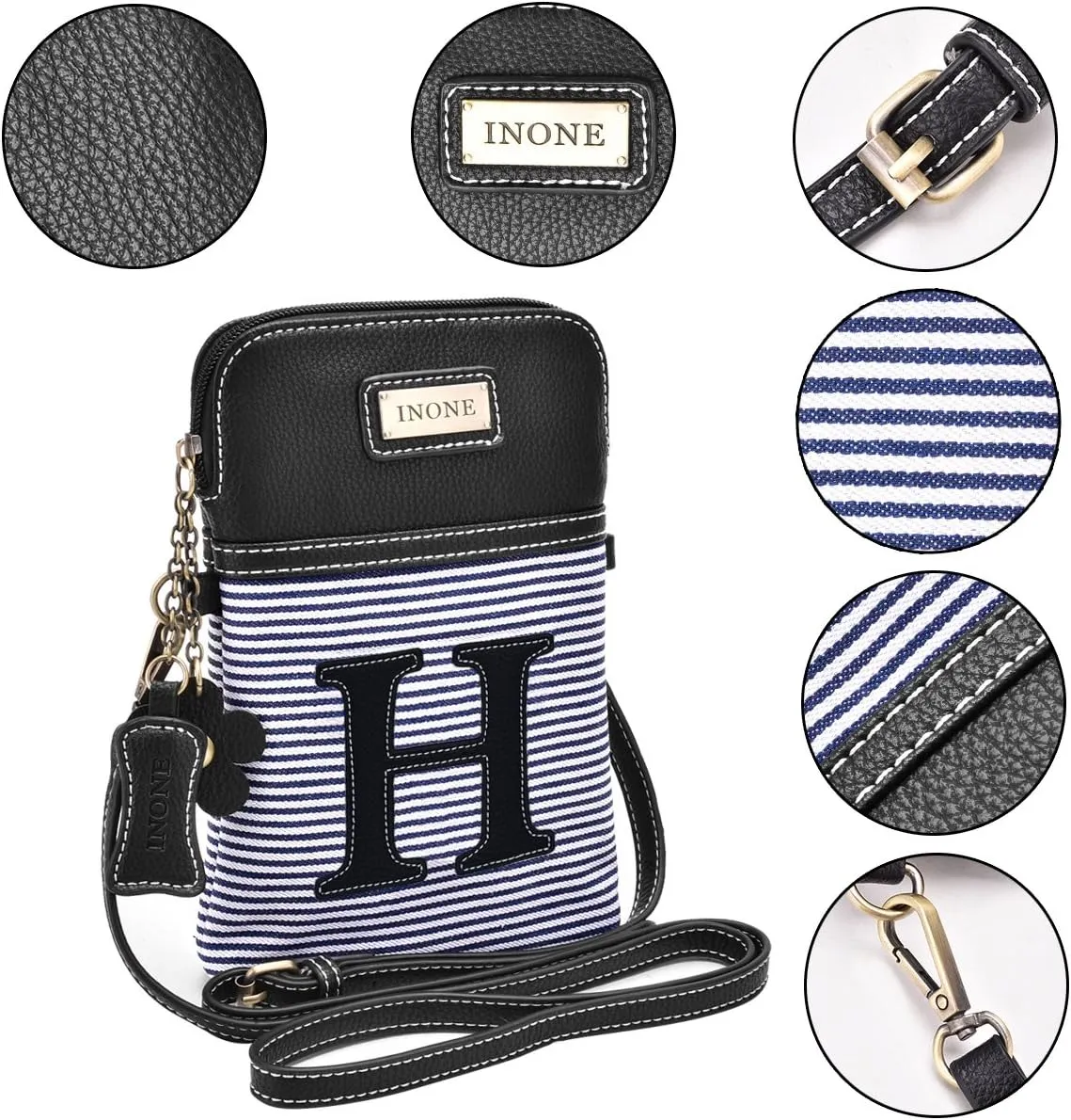 inOne Crossbody Bag Cell Phone Purse - Women PU Leather Handbag with Black White Stripe Canvas - Monogram