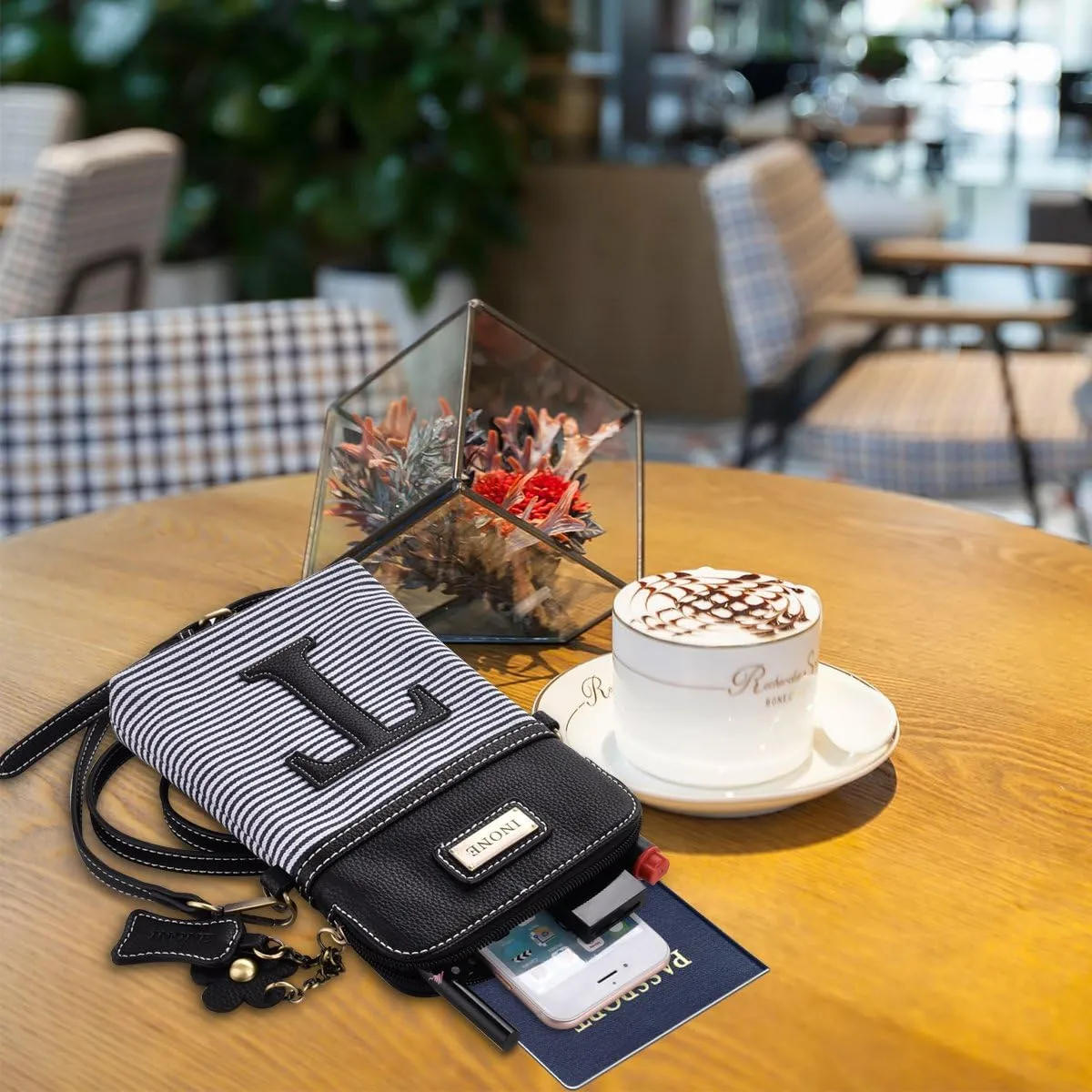 inOne Crossbody Bag Cell Phone Purse - Women PU Leather Handbag with Black White Stripe Canvas - Monogram