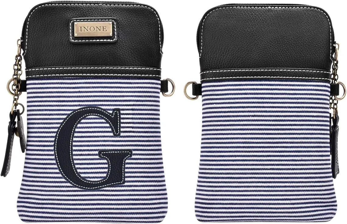 inOne Crossbody Bag Cell Phone Purse - Women PU Leather Handbag with Black White Stripe Canvas - Monogram