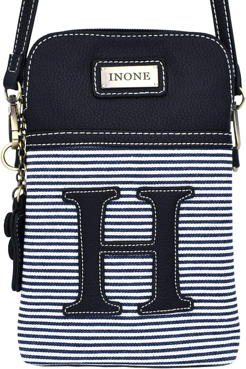 inOne Crossbody Bag Cell Phone Purse - Women PU Leather Handbag with Black White Stripe Canvas - Monogram