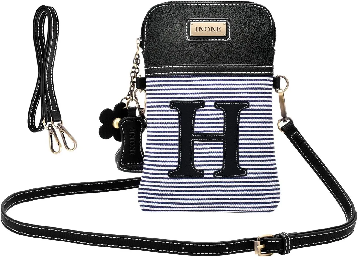 inOne Crossbody Bag Cell Phone Purse - Women PU Leather Handbag with Black White Stripe Canvas - Monogram