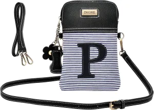 inOne Crossbody Bag Cell Phone Purse - Women PU Leather Handbag with Black White Stripe Canvas - Monogram