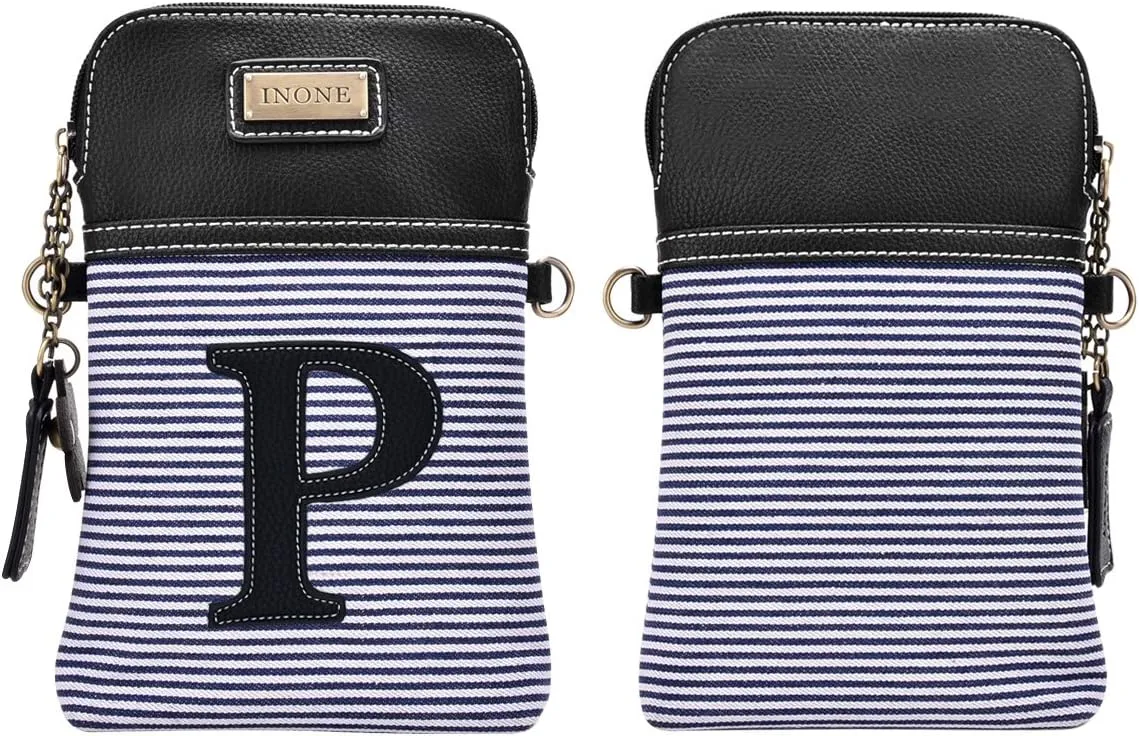 inOne Crossbody Bag Cell Phone Purse - Women PU Leather Handbag with Black White Stripe Canvas - Monogram