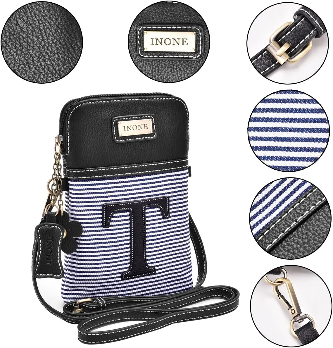 inOne Crossbody Bag Cell Phone Purse - Women PU Leather Handbag with Black White Stripe Canvas - Monogram