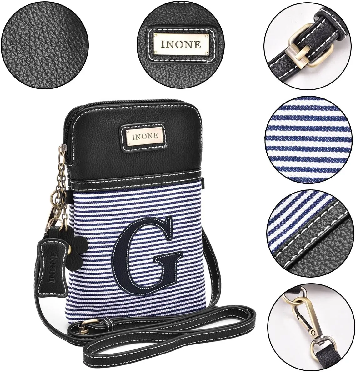 inOne Crossbody Bag Cell Phone Purse - Women PU Leather Handbag with Black White Stripe Canvas - Monogram