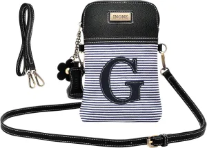 inOne Crossbody Bag Cell Phone Purse - Women PU Leather Handbag with Black White Stripe Canvas - Monogram