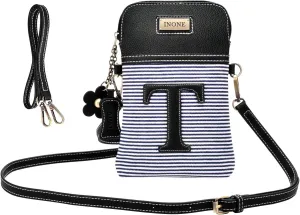 inOne Crossbody Bag Cell Phone Purse - Women PU Leather Handbag with Black White Stripe Canvas - Monogram