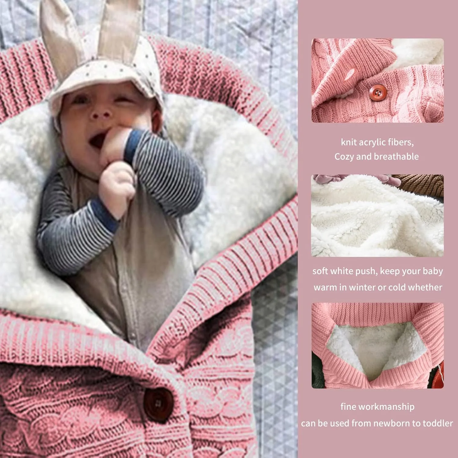 insular Warm Baby Sleeping Bag Envelope Winter Kid Sleepsack Footmuff Stroller Knitted Sleep Sack Newborn Knit Wool Swaddling Blanket (Beige)