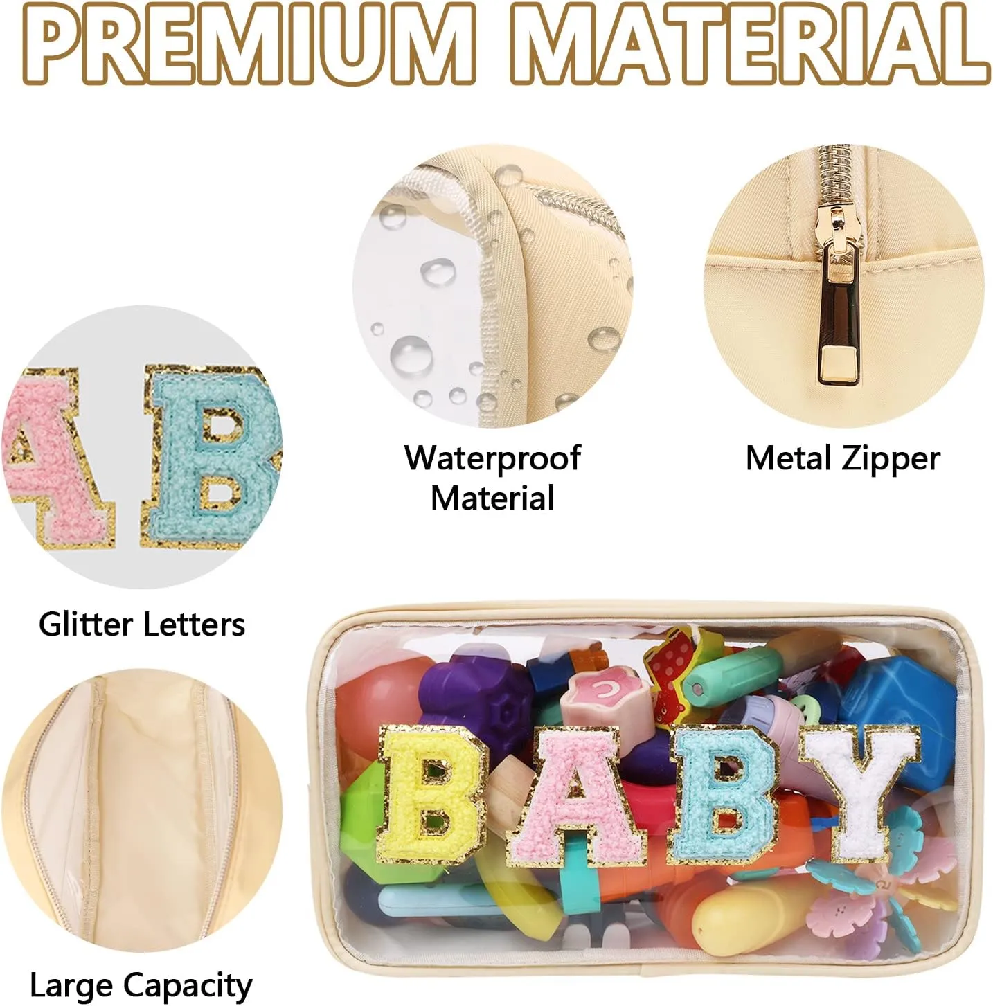 Iqimott Preppy Patch Clear Baby Bag, Women Chenille Letter Makeup Cosmetic Bag for Travel, Nylon Waterproof Organization Outdoor Zipper Pouch Toiletry Bag for Women Girls(Beige)