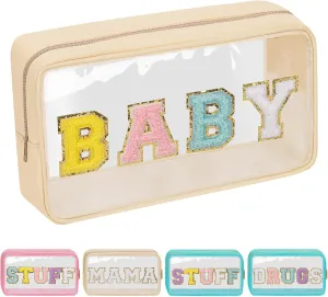 Iqimott Preppy Patch Clear Baby Bag, Women Chenille Letter Makeup Cosmetic Bag for Travel, Nylon Waterproof Organization Outdoor Zipper Pouch Toiletry Bag for Women Girls(Beige)