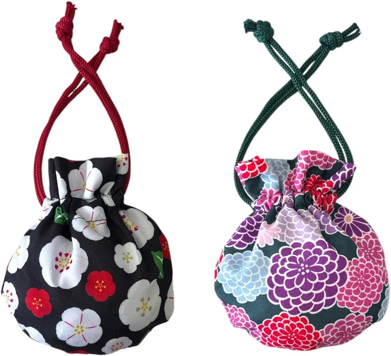 Japan Style Drawstring Pouch Japanese Fabric Kinchaku Pouch Cosmetic Bag Set of 2 Designs (Round Bottom)