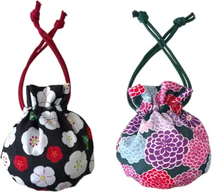 Japan Style Drawstring Pouch Japanese Fabric Kinchaku Pouch Cosmetic Bag Set of 2 Designs (Round Bottom)