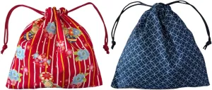 Japan Style Drawstring Pouch Japanese Fabric Kinchaku Pouch Cosmetic Bag Set of 2 Designs (Square)