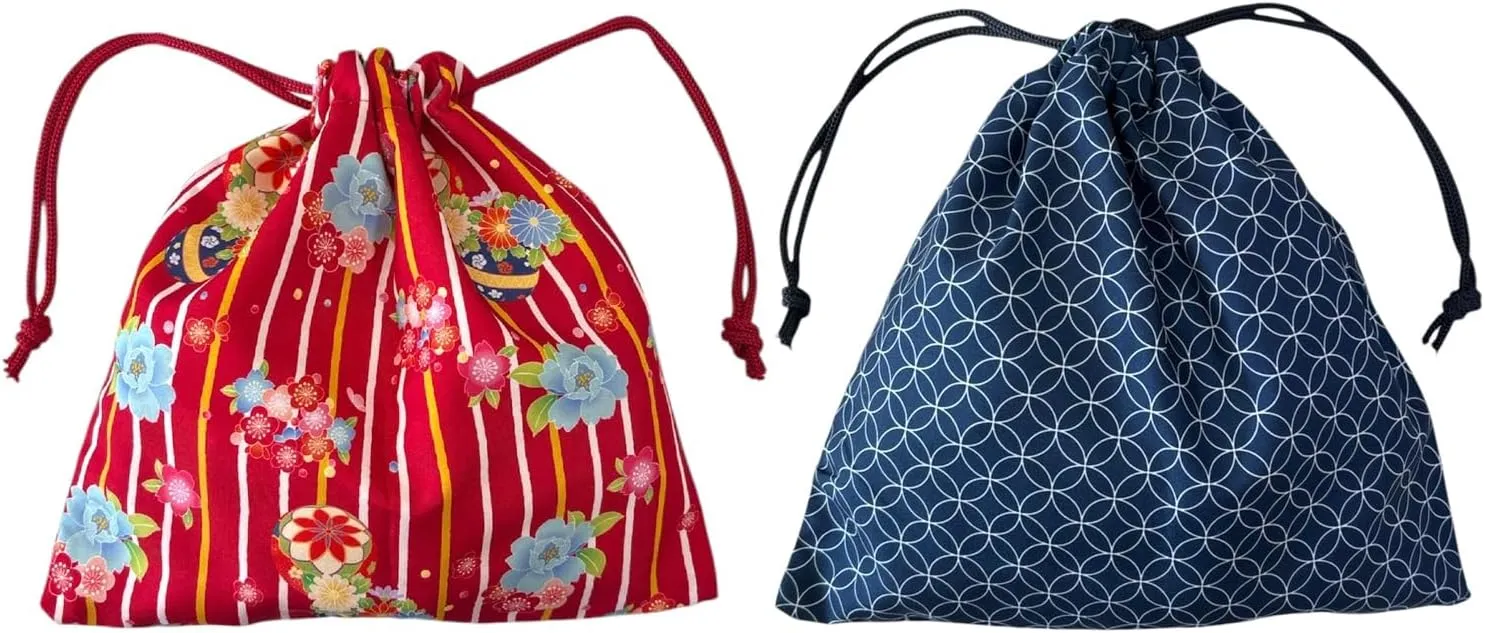 Japan Style Drawstring Pouch Japanese Fabric Kinchaku Pouch Cosmetic Bag Set of 2 Designs (Square)