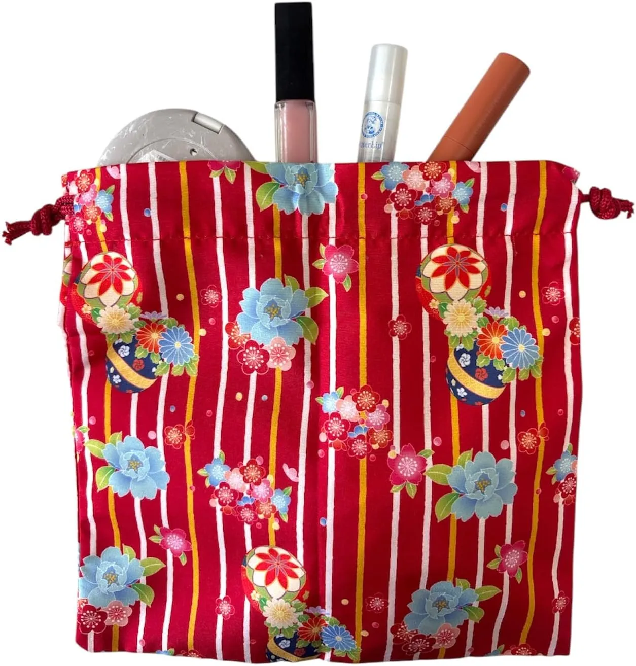 Japan Style Drawstring Pouch Japanese Fabric Kinchaku Pouch Cosmetic Bag Set of 2 Designs (Square)
