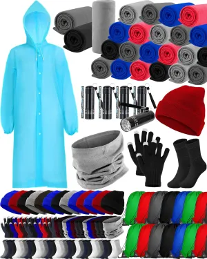 Jecery 160 Pcs Homeless Care Package Supplies Bulk Winter Beanies Gloves Cotton Socks Fleece Throw Blankets LED Flashlight Storage Bag for Woman Men Homeless Donating Warm Gift