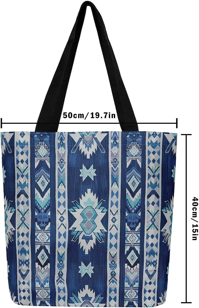 jejeloiu Southwestern Canvas Tote Bags 16"x20" Geometric Travel Bag Exotic Native American Large Capacity Shoulder Handbags