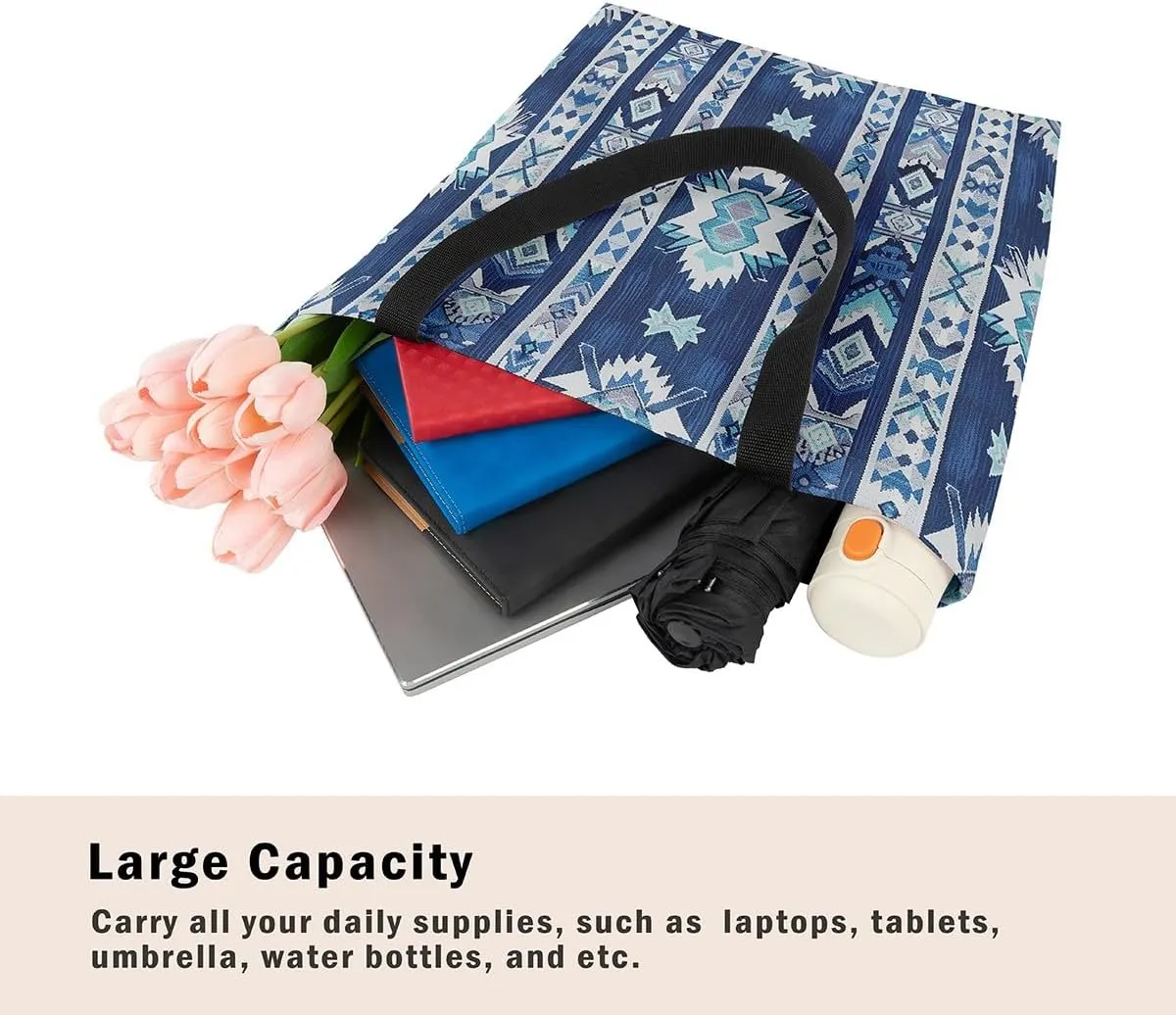 jejeloiu Southwestern Canvas Tote Bags 16"x20" Geometric Travel Bag Exotic Native American Large Capacity Shoulder Handbags