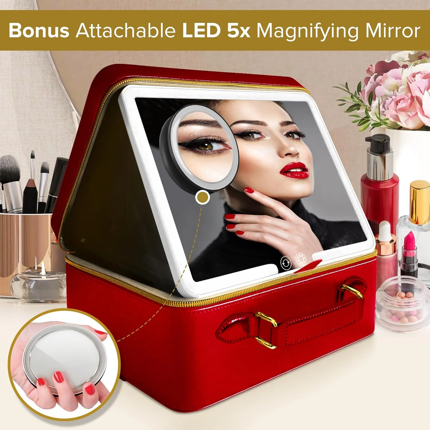 JENNI V Upscale PU Leather Makeup Bag with Light Up Mirror, 3 Brightness Settings, Adjustable Dividers - Replace Your Bulky Vanity While On the Go - Chic Travel Makeup Case Box - Makeup Organizer Bag