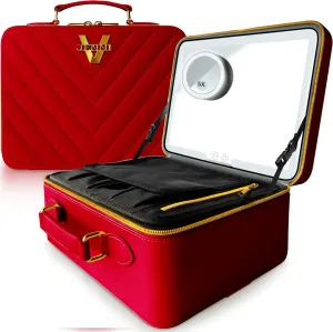 JENNI V Upscale PU Leather Makeup Bag with Light Up Mirror, 3 Brightness Settings, Adjustable Dividers - Replace Your Bulky Vanity While On the Go - Chic Travel Makeup Case Box - Makeup Organizer Bag