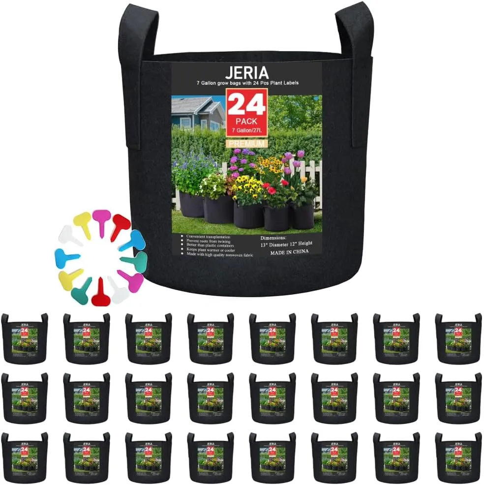 JERIA 24-Pack 7 Gallon Nonwoven Grow Bags, Plant Grow Bags，Heavy Duty Aeration Fabric Pots with Durable Handles, Come with 24 Pcs Plant Labels