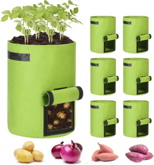 JERIA 6-Pack 10 Gallon Green Potato Grow Bags with Flap Window，Thickened Nonwoven Fabric Container for Potato, Tomato, Carrot, Vegetable and Fruits