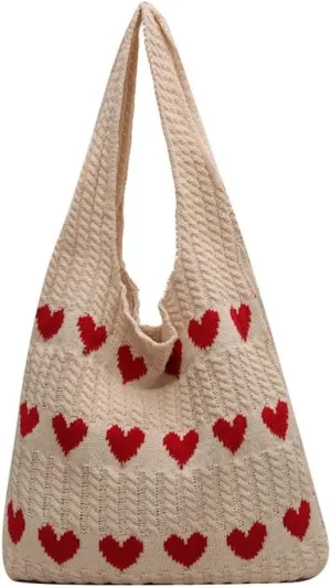JHTPSLR Love Heart Arrange Dough Twists Y2K Knitted Tote Bag Women Knitting Wool Handbag Purse Winter Warm Shoulder Bags
