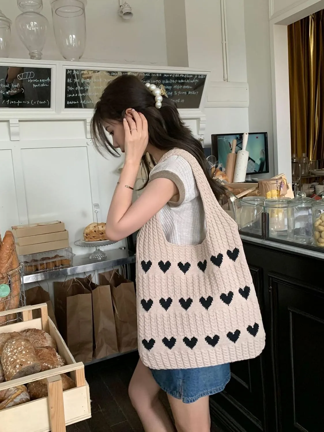 JHTPSLR Love Heart Arrange Dough Twists Y2K Knitted Tote Bag Women Knitting Wool Handbag Purse Winter Warm Shoulder Bags