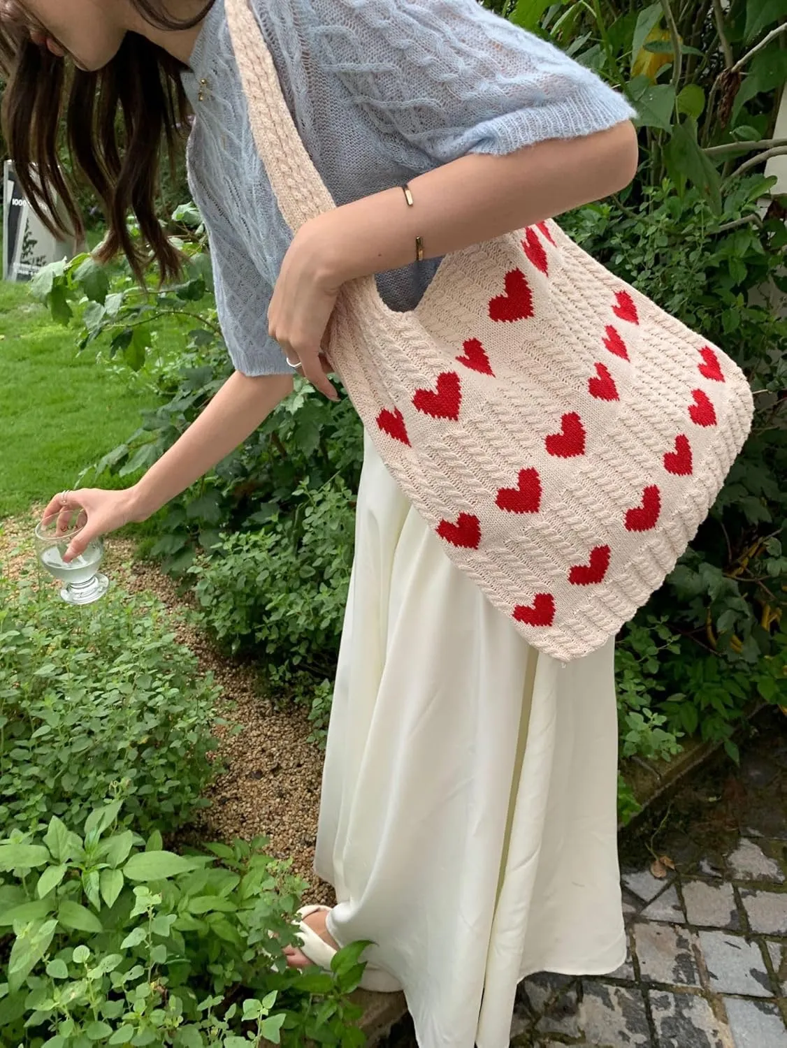 JHTPSLR Love Heart Arrange Dough Twists Y2K Knitted Tote Bag Women Knitting Wool Handbag Purse Winter Warm Shoulder Bags