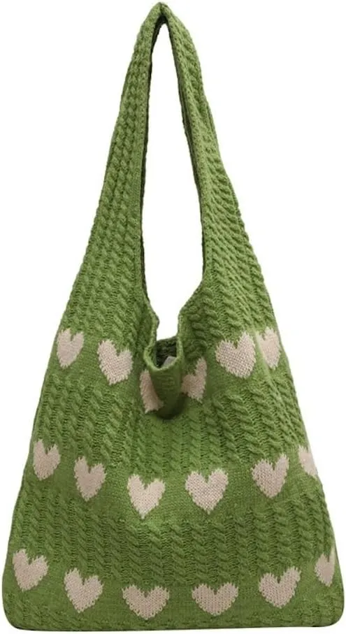JHTPSLR Love Heart Arrange Dough Twists Y2K Knitted Tote Bag Women Knitting Wool Handbag Purse Winter Warm Shoulder Bags