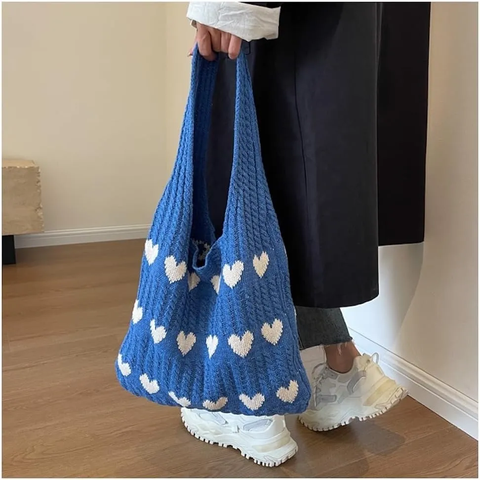 JHTPSLR Love Heart Arrange Dough Twists Y2K Knitted Tote Bag Women Knitting Wool Handbag Purse Winter Warm Shoulder Bags