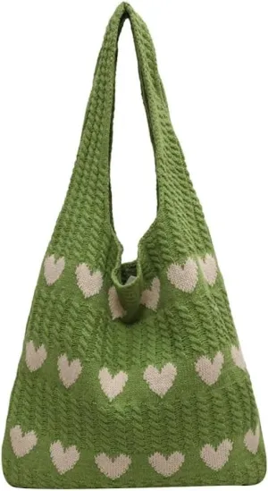 JHTPSLR Love Heart Arrange Dough Twists Y2K Knitted Tote Bag Women Knitting Wool Handbag Purse Winter Warm Shoulder Bags