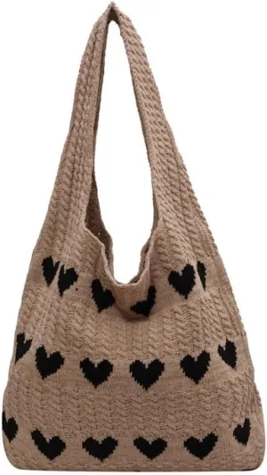 JHTPSLR Love Heart Arrange Dough Twists Y2K Knitted Tote Bag Women Knitting Wool Handbag Purse Winter Warm Shoulder Bags