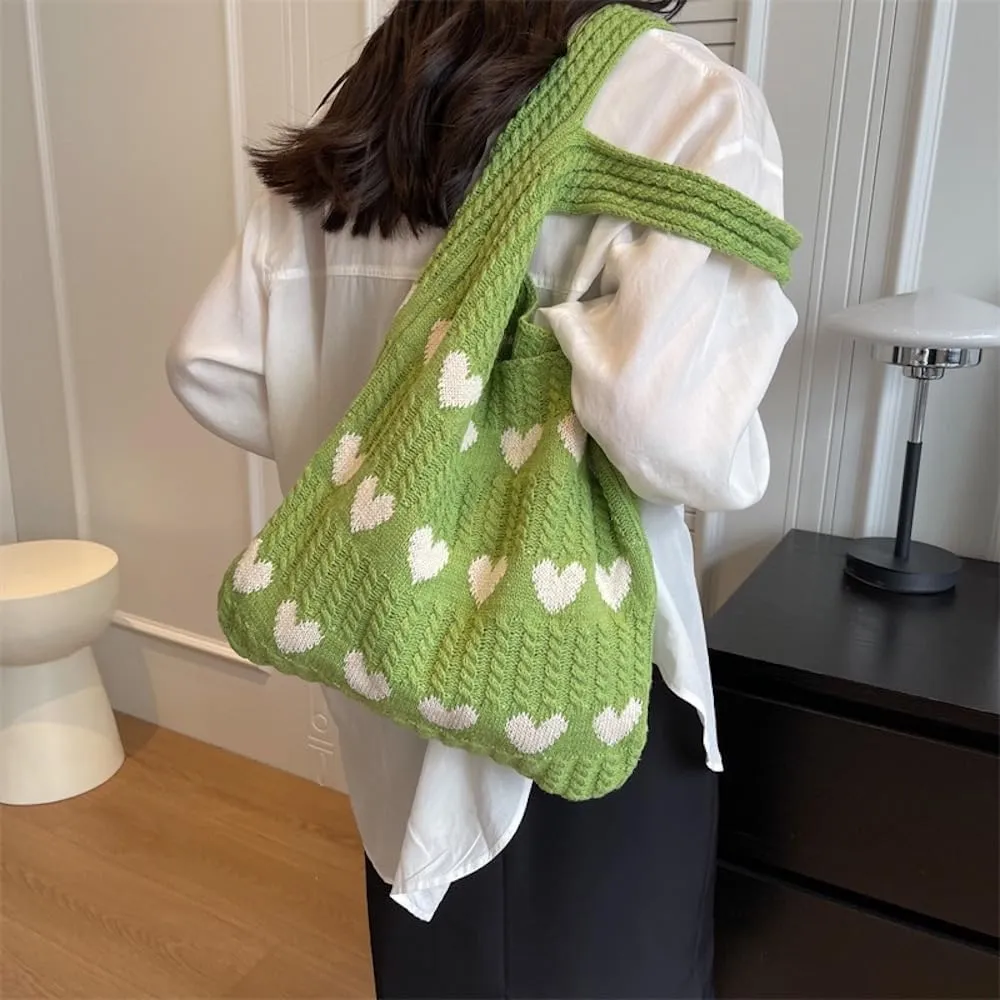 JHTPSLR Love Heart Arrange Dough Twists Y2K Knitted Tote Bag Women Knitting Wool Handbag Purse Winter Warm Shoulder Bags