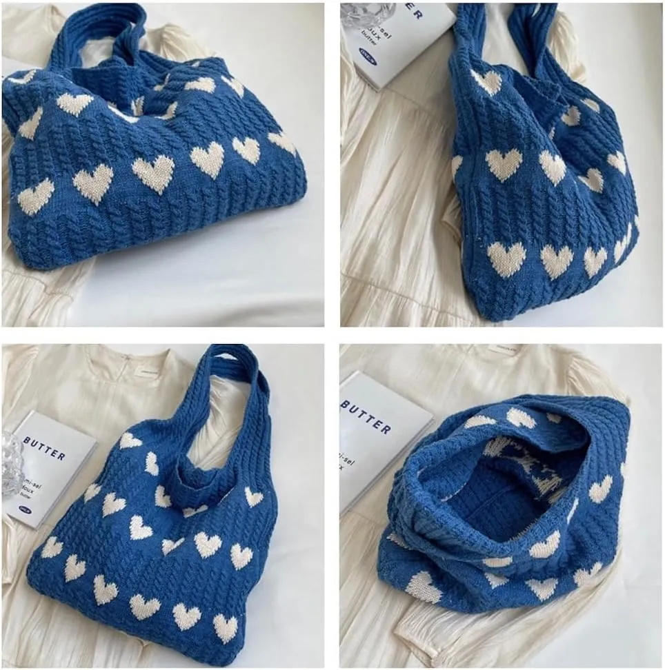 JHTPSLR Love Heart Arrange Dough Twists Y2K Knitted Tote Bag Women Knitting Wool Handbag Purse Winter Warm Shoulder Bags