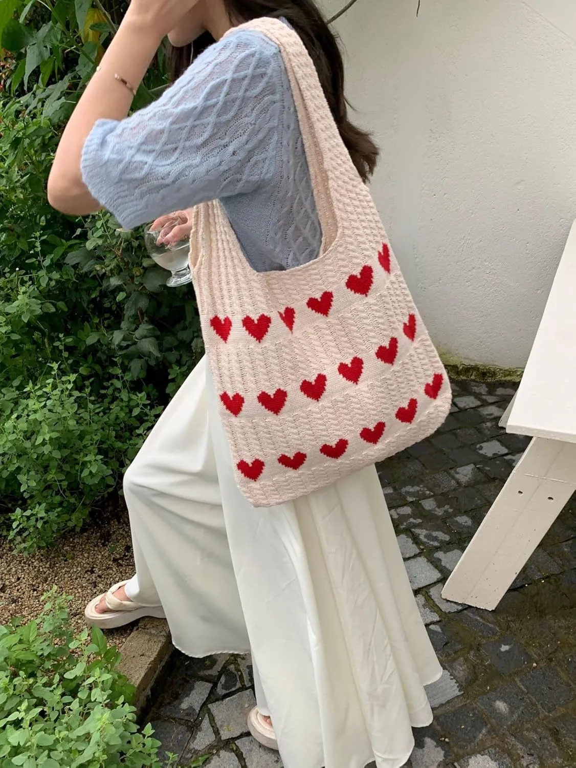 JHTPSLR Love Heart Arrange Dough Twists Y2K Knitted Tote Bag Women Knitting Wool Handbag Purse Winter Warm Shoulder Bags