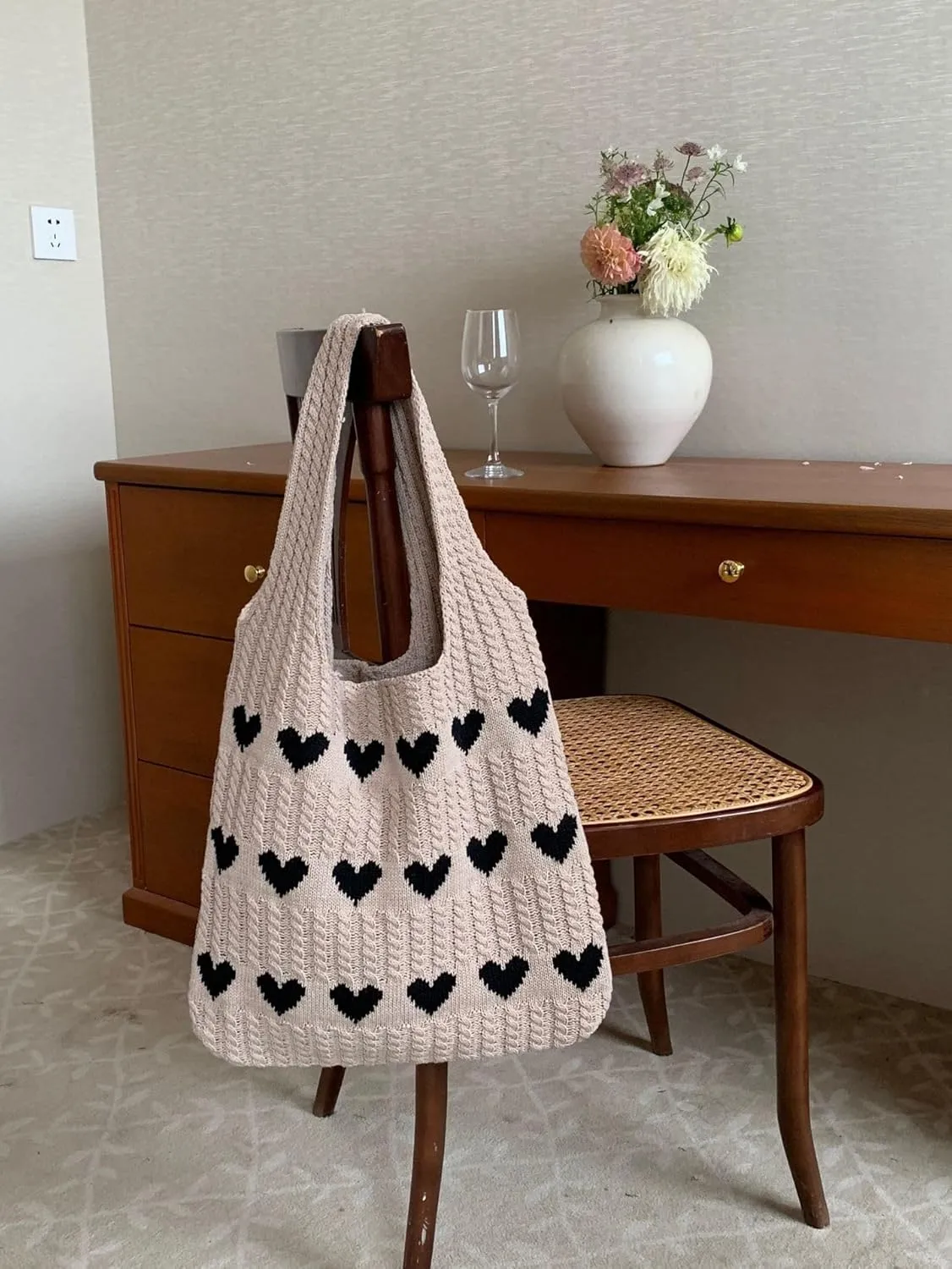 JHTPSLR Love Heart Arrange Dough Twists Y2K Knitted Tote Bag Women Knitting Wool Handbag Purse Winter Warm Shoulder Bags