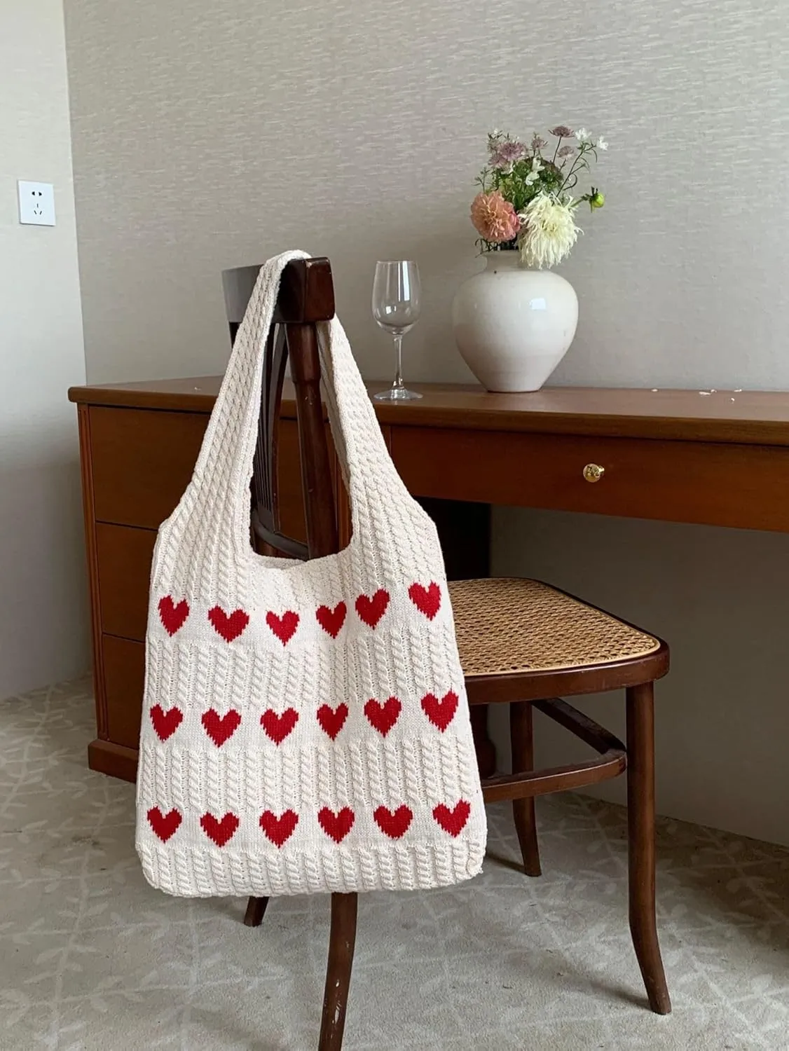 JHTPSLR Love Heart Arrange Dough Twists Y2K Knitted Tote Bag Women Knitting Wool Handbag Purse Winter Warm Shoulder Bags