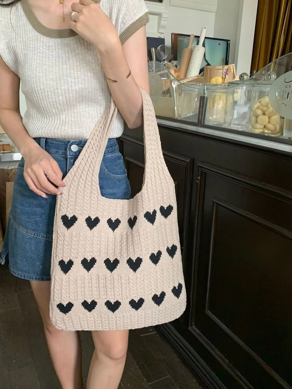 JHTPSLR Love Heart Arrange Dough Twists Y2K Knitted Tote Bag Women Knitting Wool Handbag Purse Winter Warm Shoulder Bags