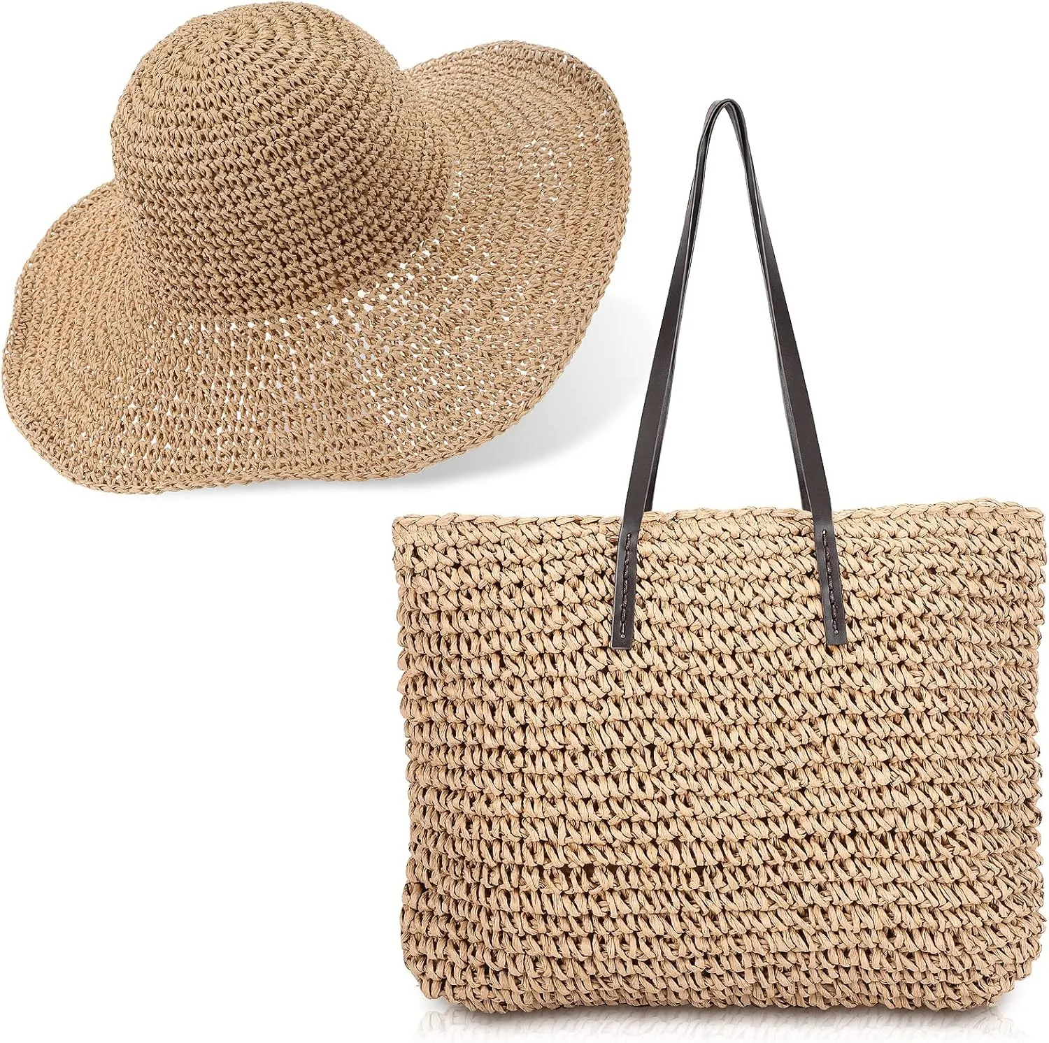 Jiuguva Straw Beach Bags and Beach Hat Set for Women, Summer Woven Tote Straw Handbag with Foldable Sun Hat Shoulder Bag for Vocation Travel